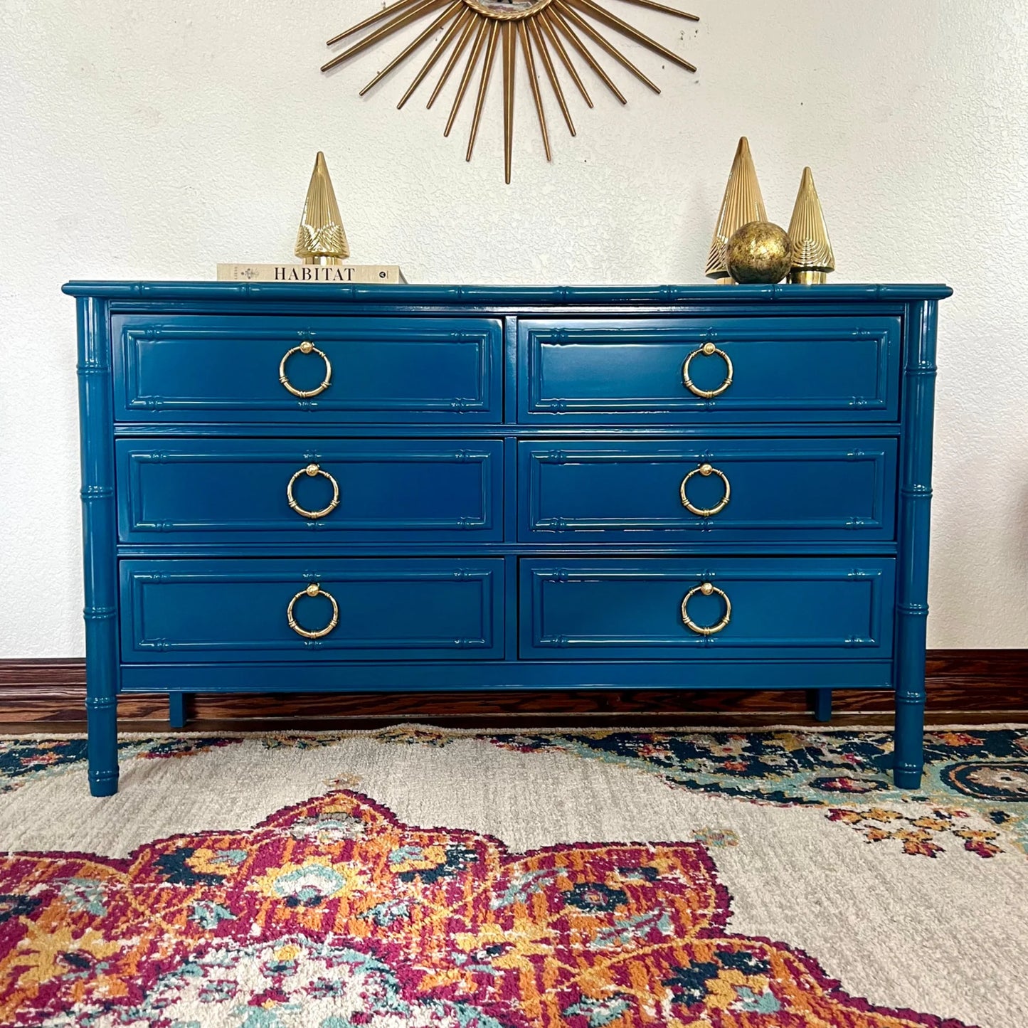 Customizable Vintage Dixie Style Faux Bamboo 6 Drawer Dresser