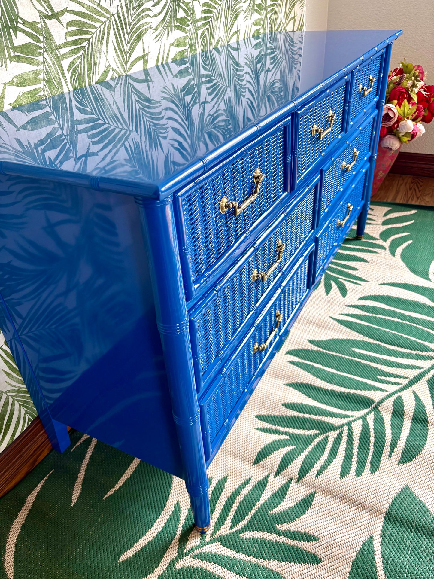 High Gloss Dixie Blue Faux Bamboo Dresser