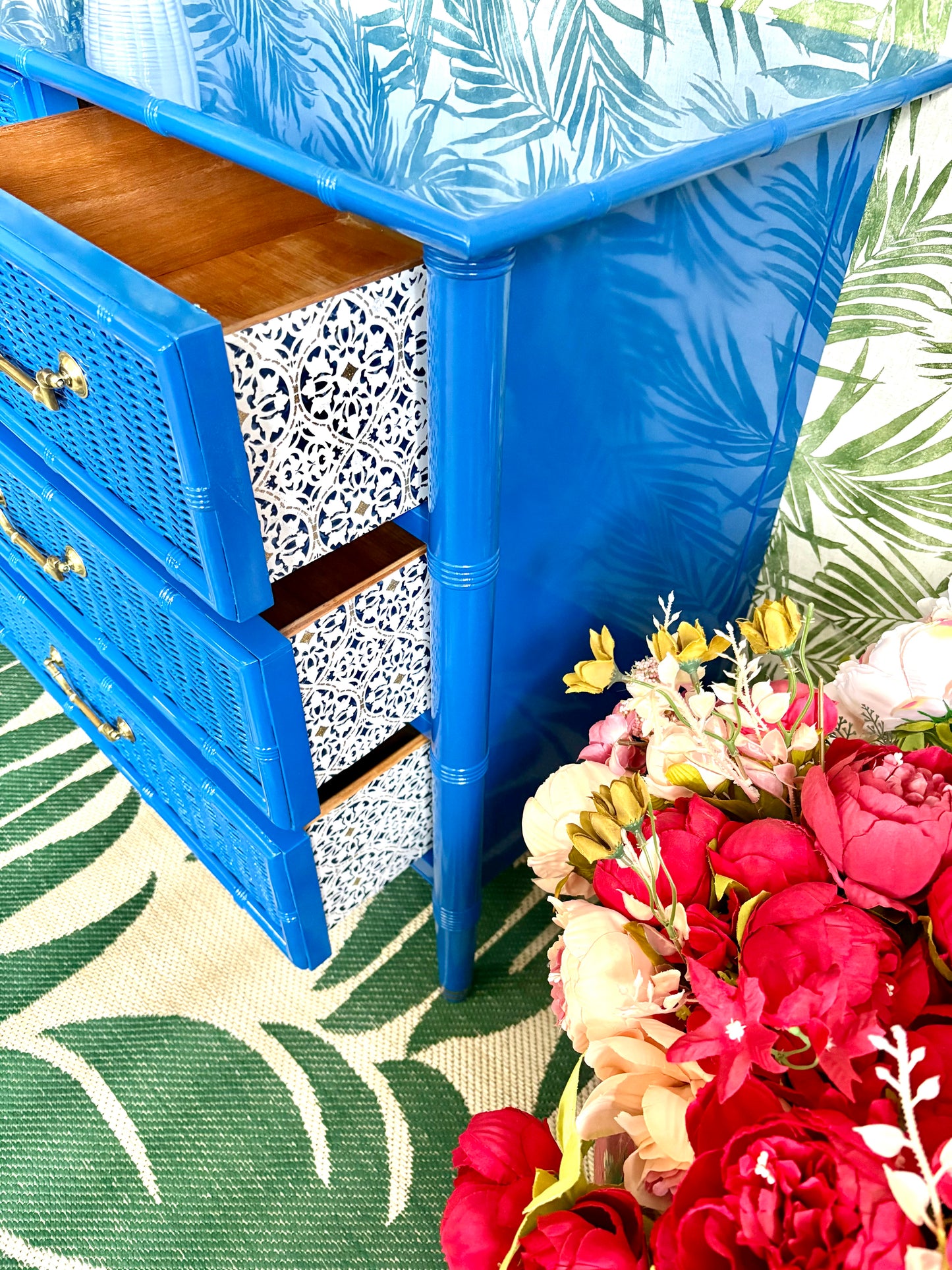 High Gloss Dixie Blue Faux Bamboo Dresser
