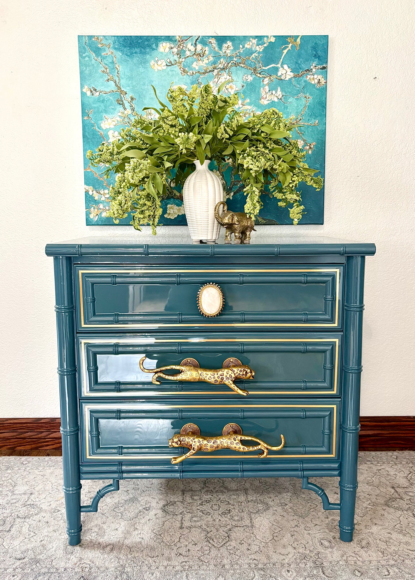 Ultra High Gloss Blue Moon Dixie Aloha Faux Bamboo Dresser/Large End Stand/End Table/Chest of Drawers