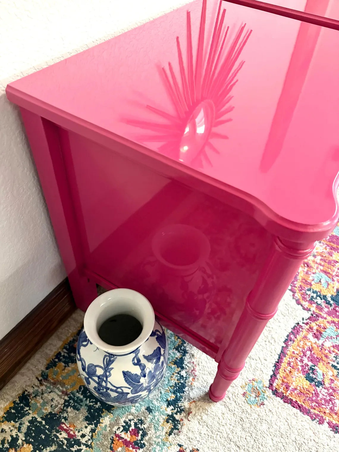 A Pair of Hot Pink High Gloss Faux Bamboo End Stands