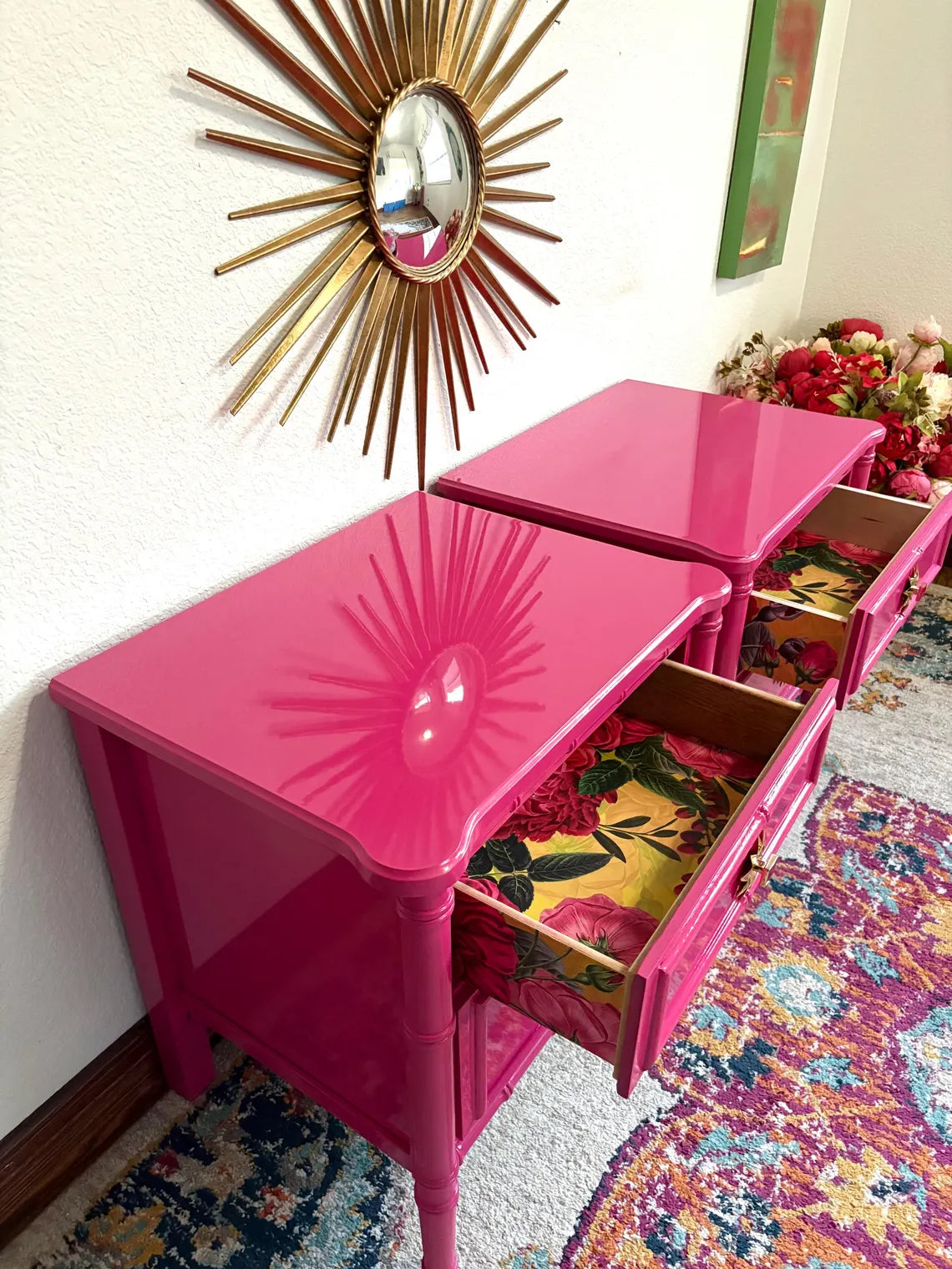 A Pair of Hot Pink High Gloss Faux Bamboo End Stands