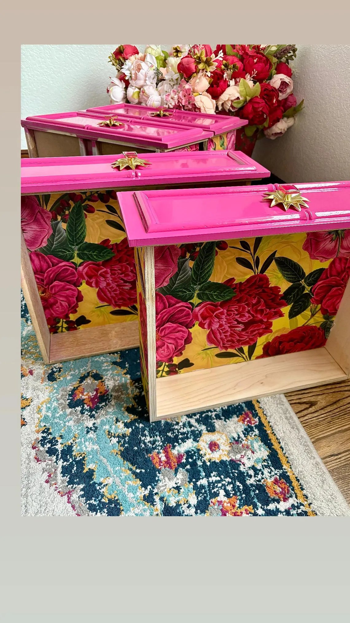 A Pair of Hot Pink High Gloss Faux Bamboo End Stands