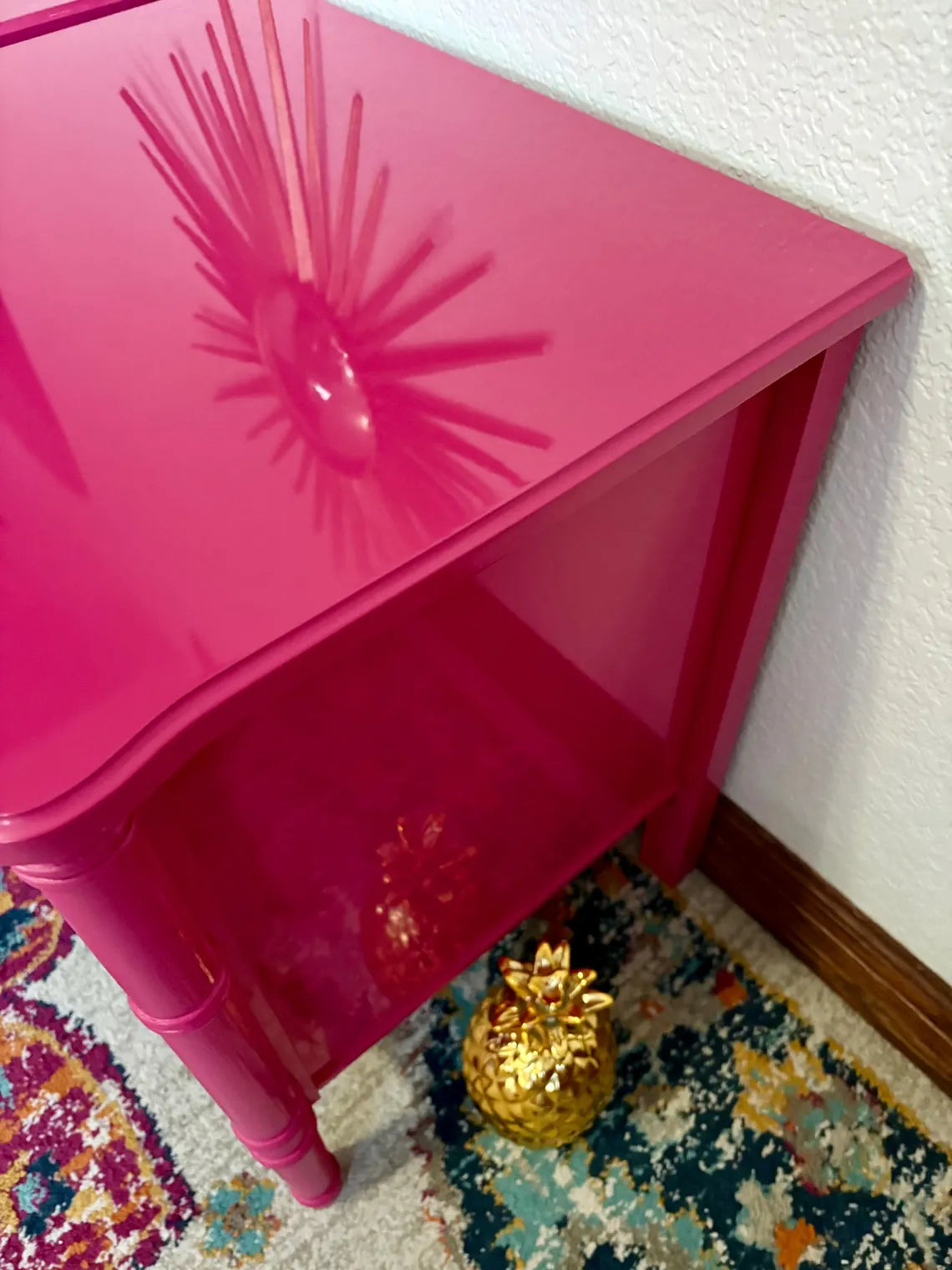 A Pair of Hot Pink High Gloss Faux Bamboo End Stands