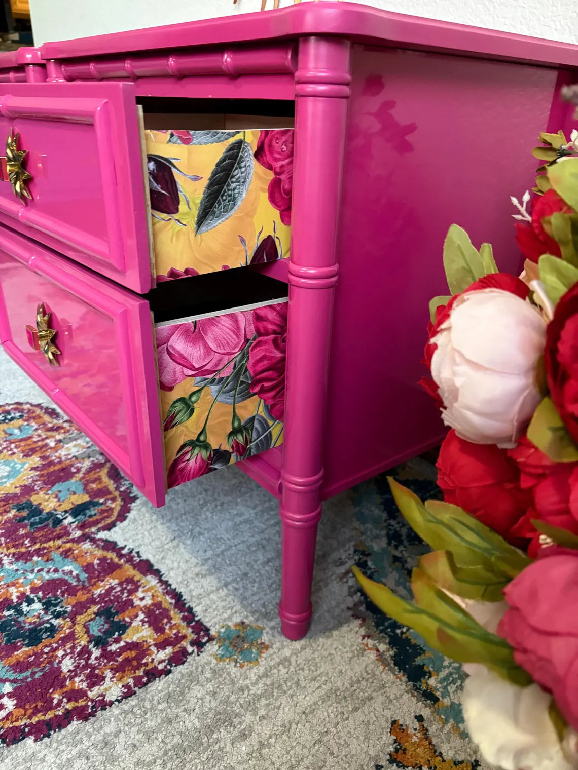 A Pair of Hot Pink High Gloss Faux Bamboo End Stands