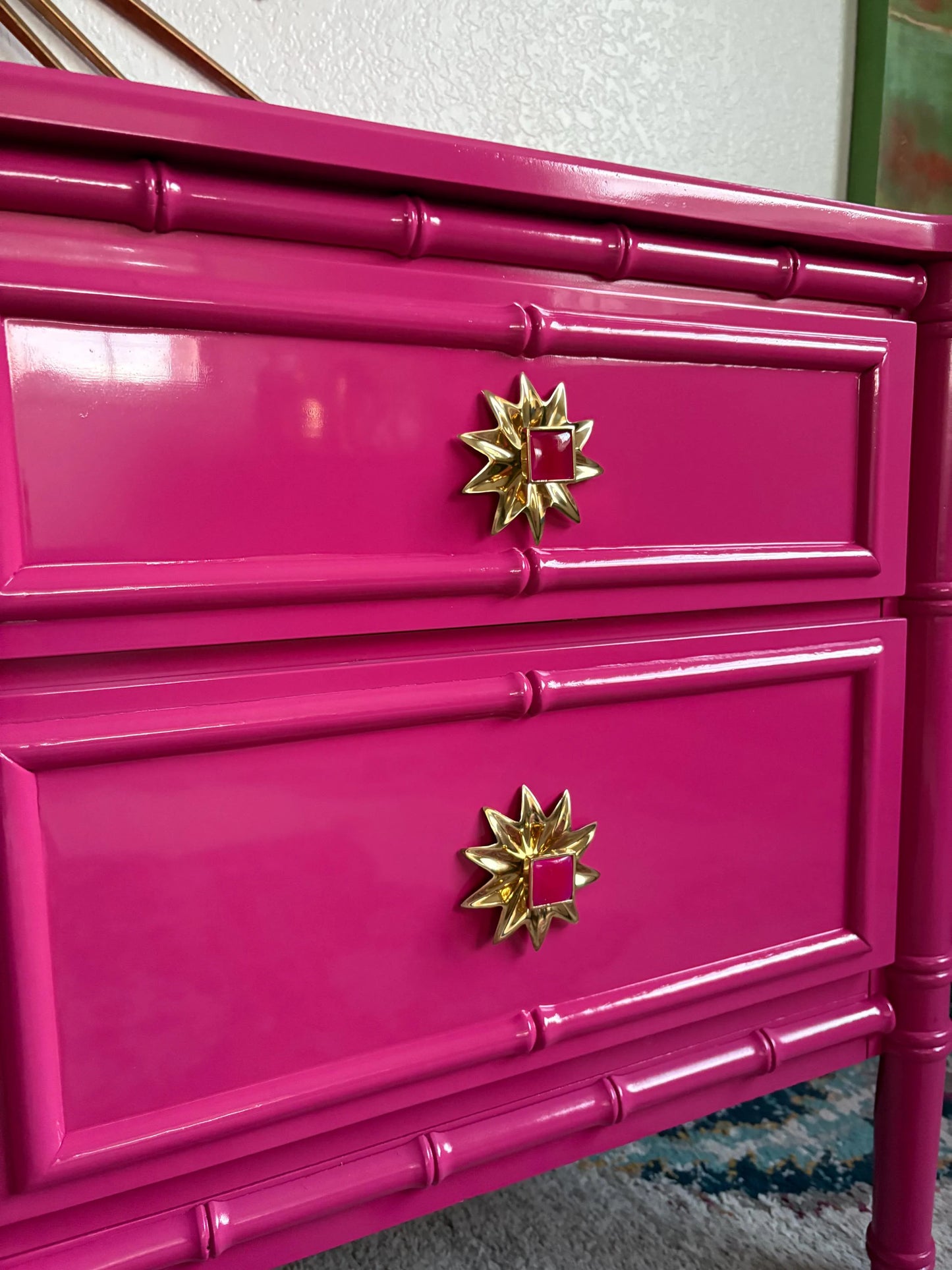 A Pair of Hot Pink High Gloss Faux Bamboo End Stands