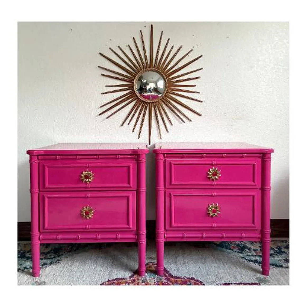 A Pair of Hot Pink High Gloss Faux Bamboo End Stands