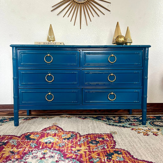Customizable Vintage Dixie Style Faux Bamboo 6 Drawer Dresser