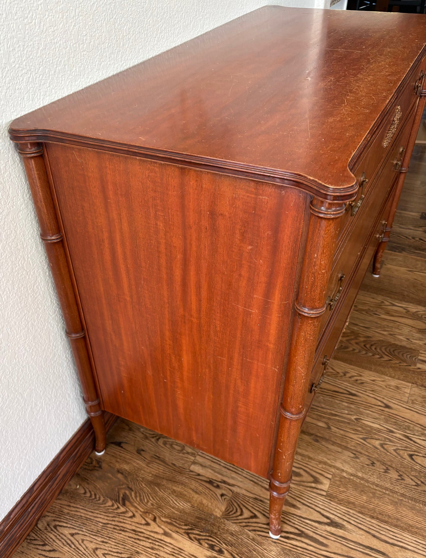 CUSTOMIZABLE  Stain/paint Vintage French Directoire style 3-drawer commode / chest of drawers produced by the Baker Furniture Company.