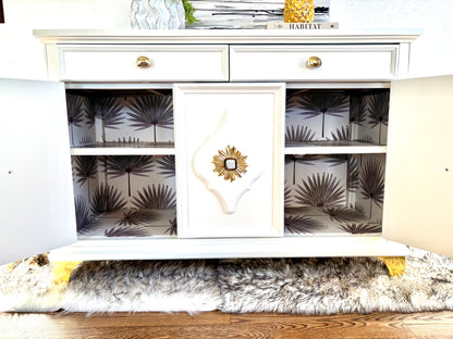 Vintage Hollywood Regency Credenza – White & Gold Sideboard with Ornate Floral Medallions
