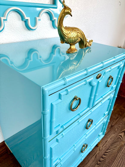 High Gloss Vintage Drexel Kensington Faux bamboo 3 Drawer Small Chest of Drawers/Dresser/Bedside Table (Mirror also available for sale)