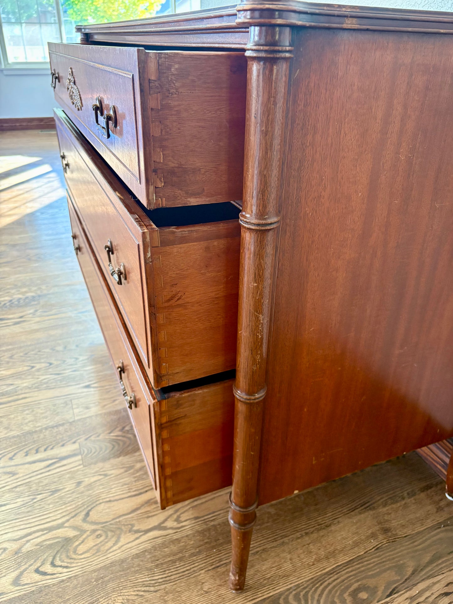 CUSTOMIZABLE  Stain/paint Vintage French Directoire style 3-drawer commode / chest of drawers produced by the Baker Furniture Company.