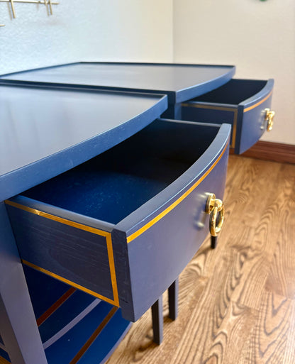 A pair of Vintage Modern Navy Blue Mersman End Tables/Bedside Tables/Nightstands/side tables