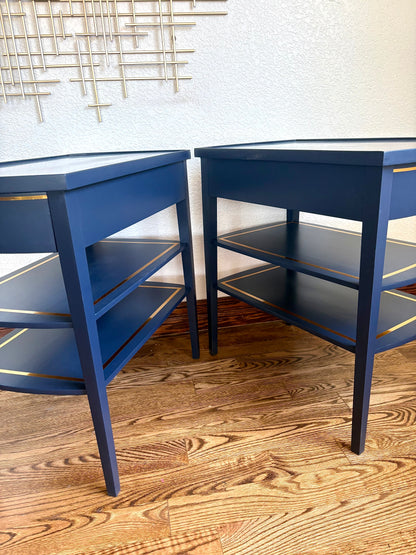 A pair of Vintage Modern Navy Blue Mersman End Tables/Bedside Tables/Nightstands/side tables