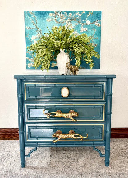 Ultra High Gloss Blue Moon Dixie Aloha Faux Bamboo Dresser/Large End Stand/End Table/Chest of Drawers