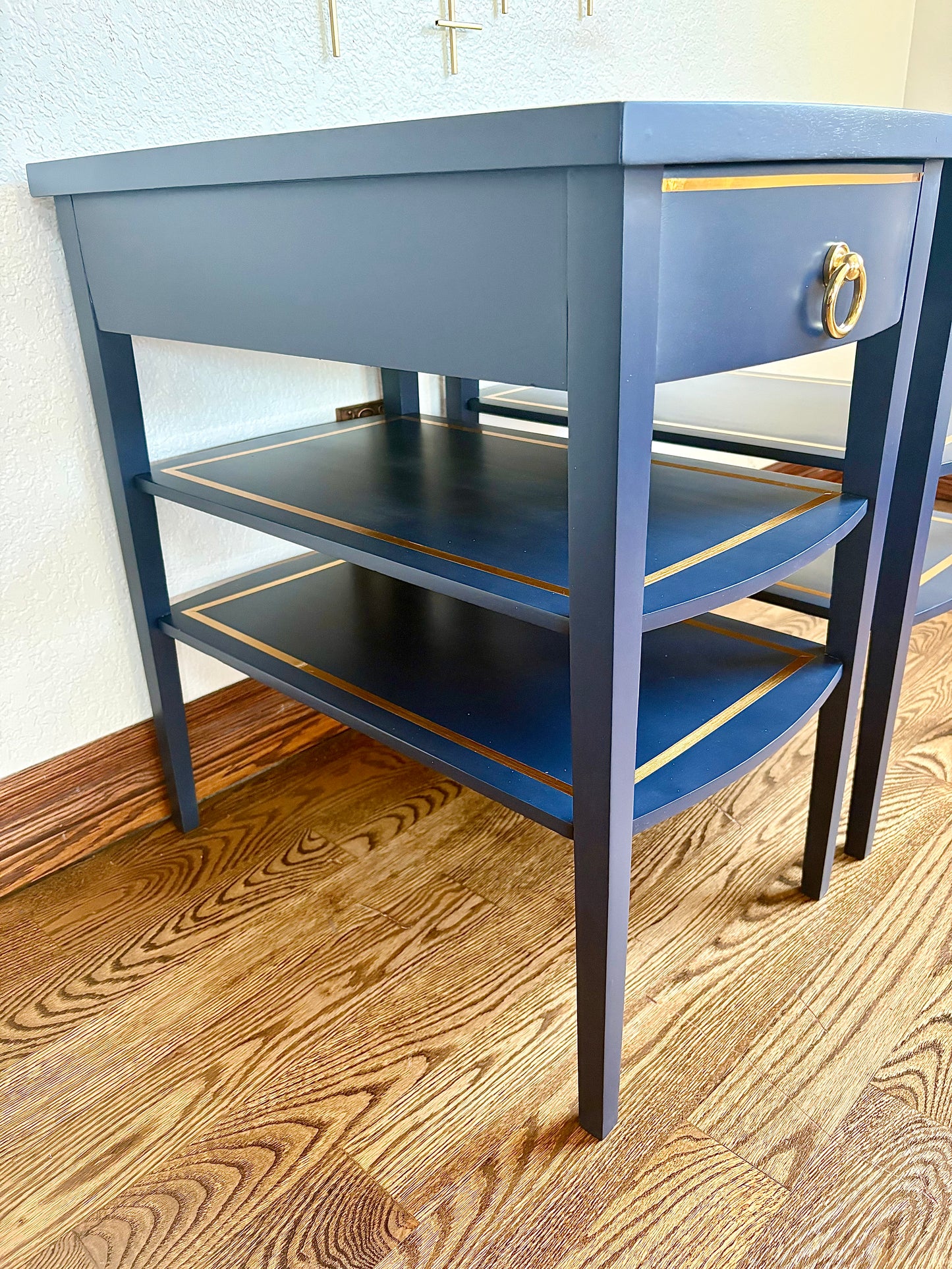 A pair of Vintage Modern Navy Blue Mersman End Tables/Bedside Tables/Nightstands/side tables