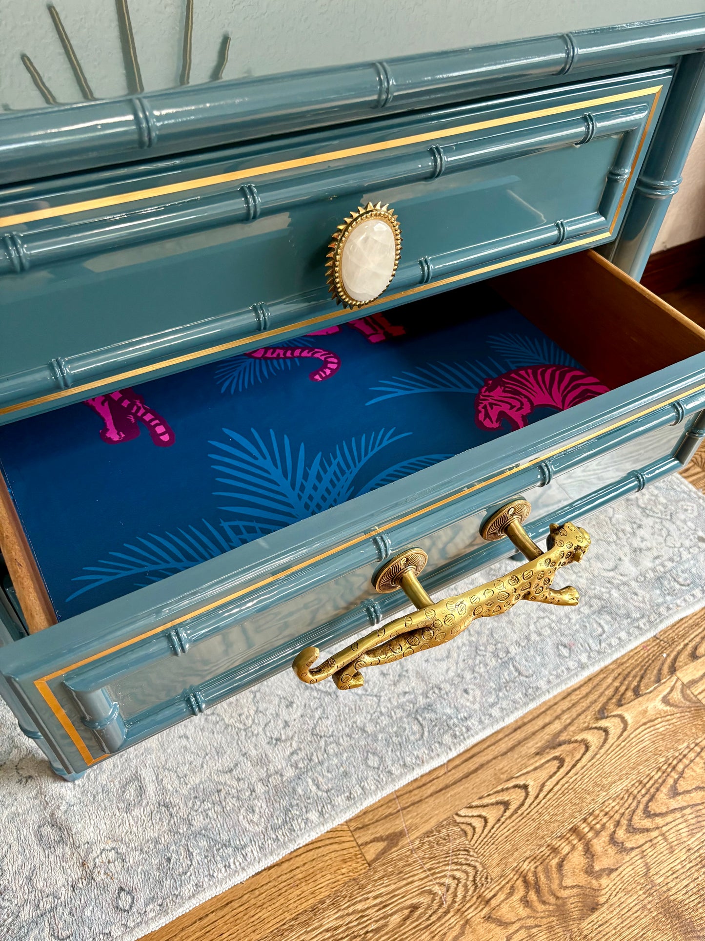 Ultra High Gloss Blue Moon Dixie Aloha Faux Bamboo Dresser/Large End Stand/End Table/Chest of Drawers