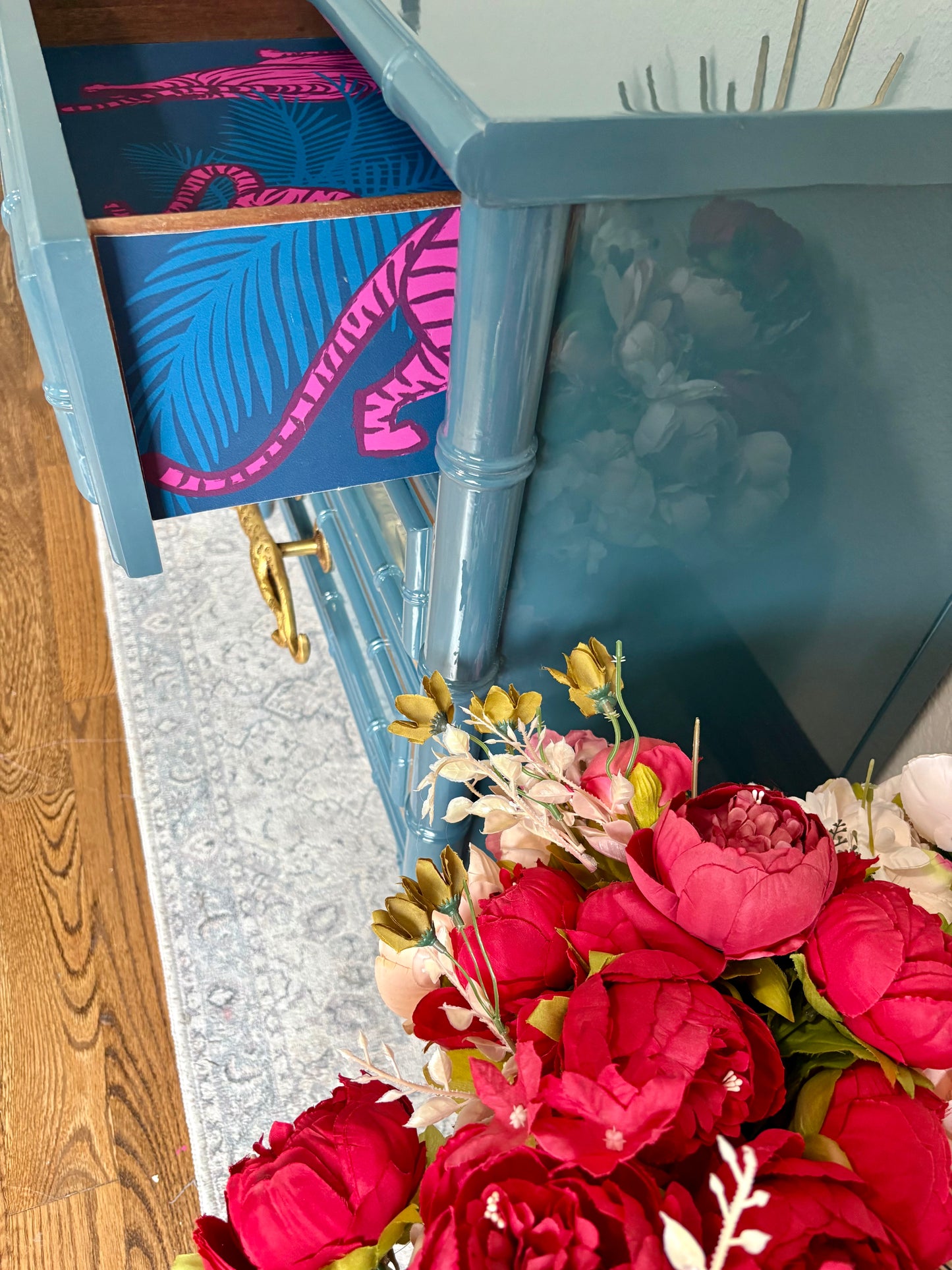 Ultra High Gloss Blue Moon Dixie Aloha Faux Bamboo Dresser/Large End Stand/End Table/Chest of Drawers