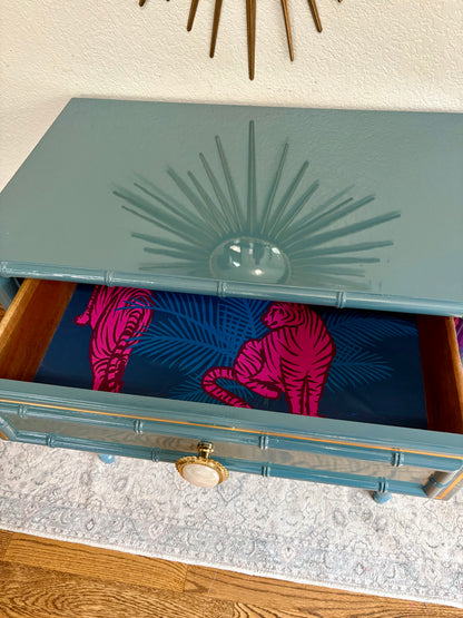 Ultra High Gloss Blue Moon Dixie Aloha Faux Bamboo Dresser/Large End Stand/End Table/Chest of Drawers