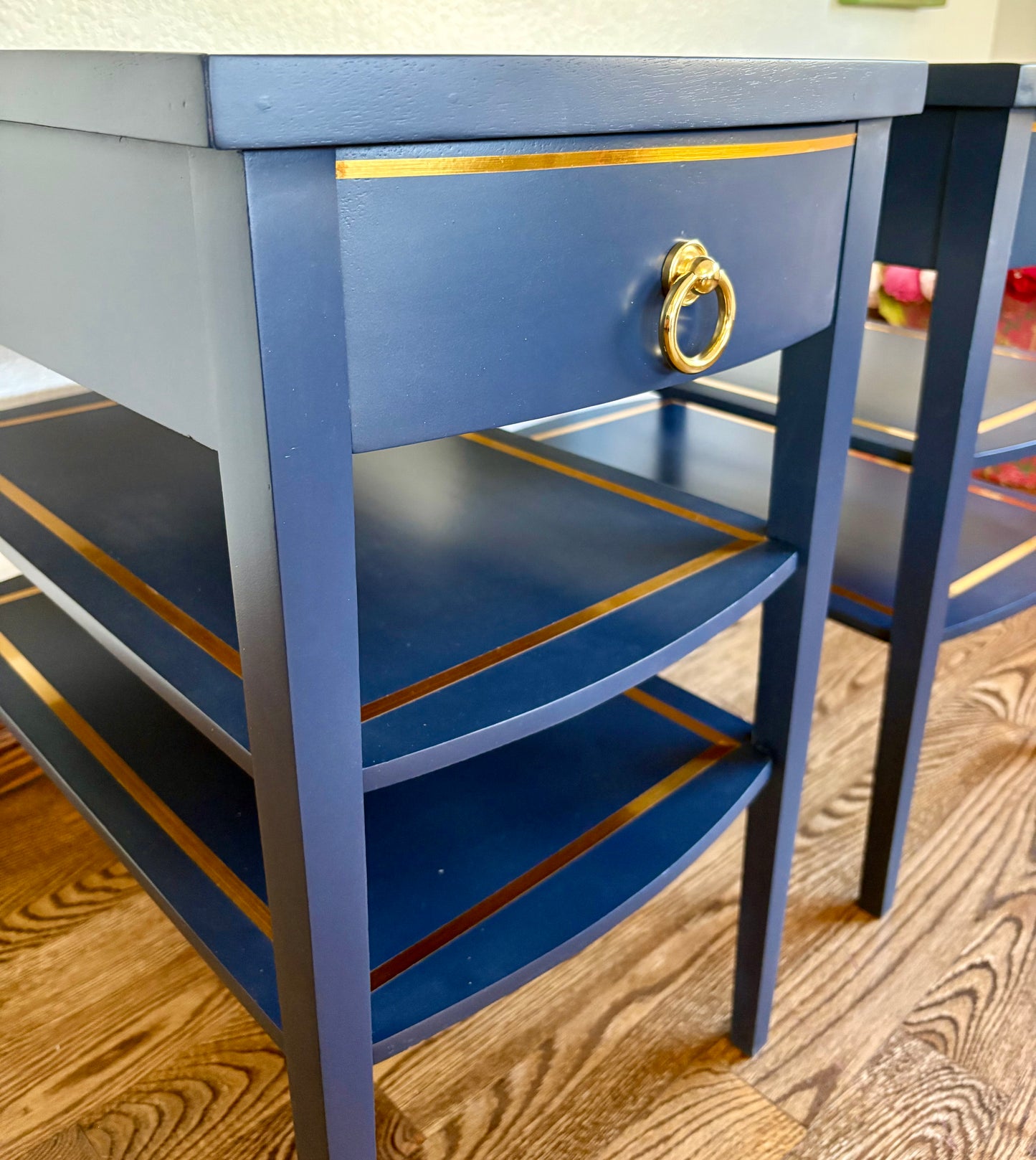A pair of Vintage Modern Navy Blue Mersman End Tables/Bedside Tables/Nightstands/side tables