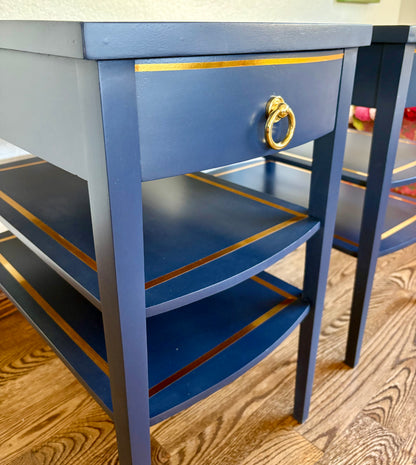 A pair of Vintage Modern Navy Blue Mersman End Tables/Bedside Tables/Nightstands/side tables
