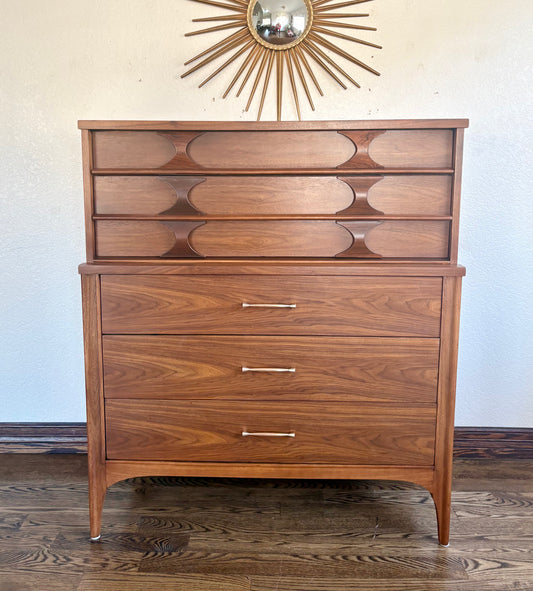 Kent Coffey Perspect0 Mid-Century Modern Walnut Highboy Dresser | Sculpted Wood Front | Vintage MCM Chest of Drawers