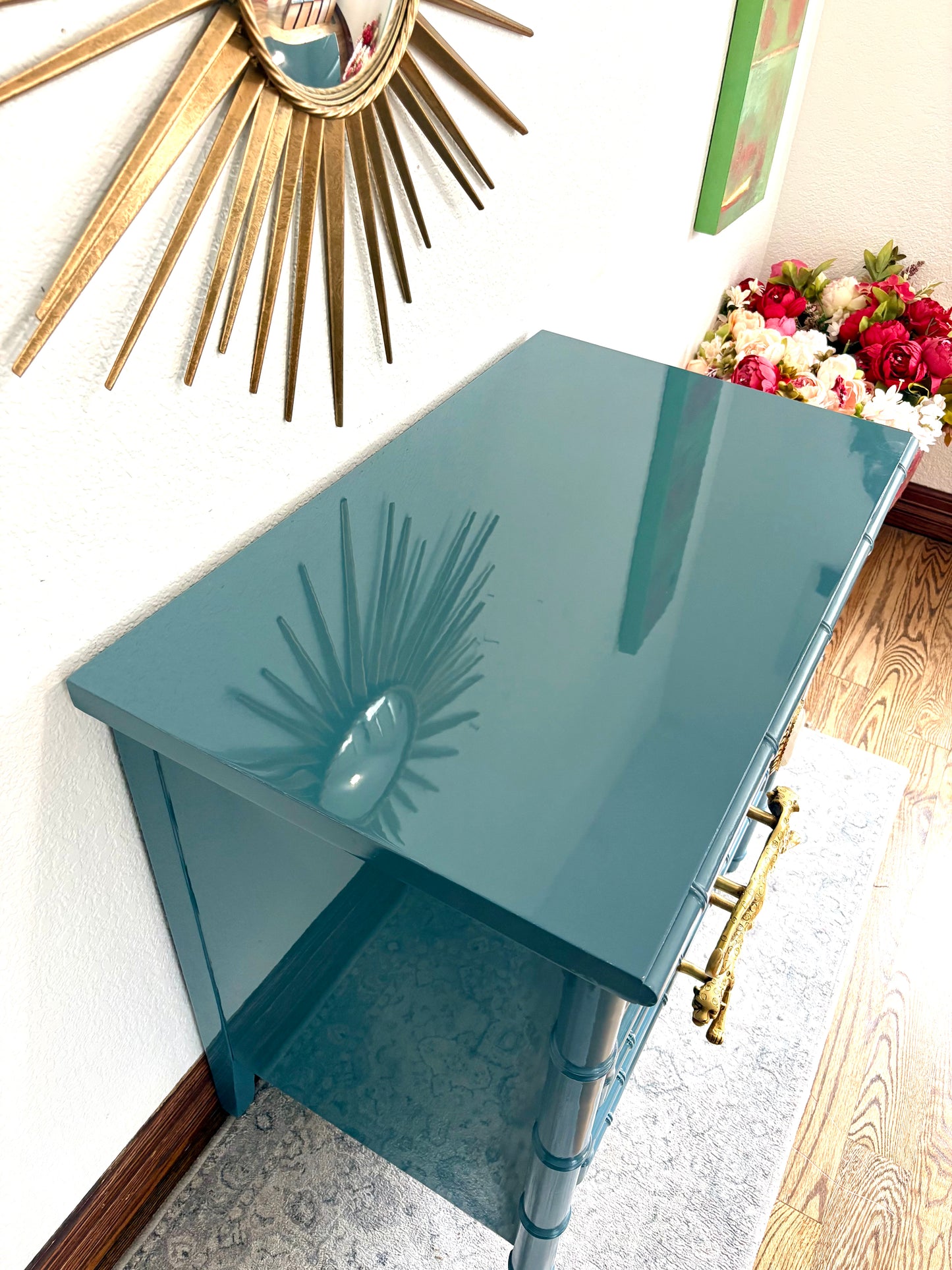 Ultra High Gloss Blue Moon Dixie Aloha Faux Bamboo Dresser/Large End Stand/End Table/Chest of Drawers