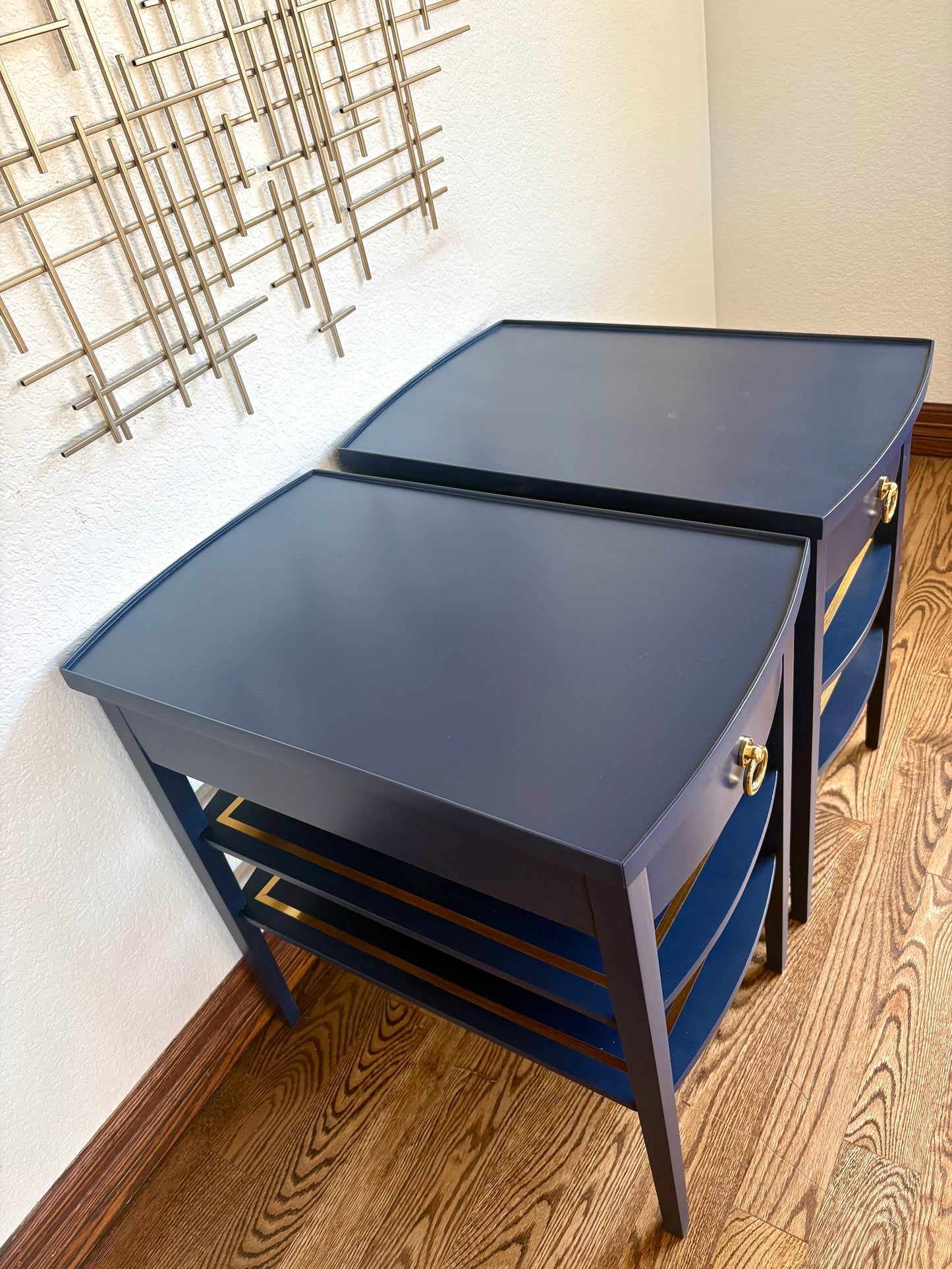 A pair of Vintage Modern Navy Blue Mersman End Tables/Bedside Tables/Nightstands/side tables