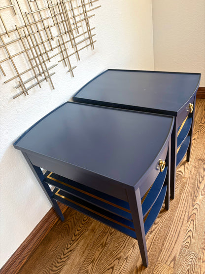 A pair of Vintage Modern Navy Blue Mersman End Tables/Bedside Tables/Nightstands/side tables