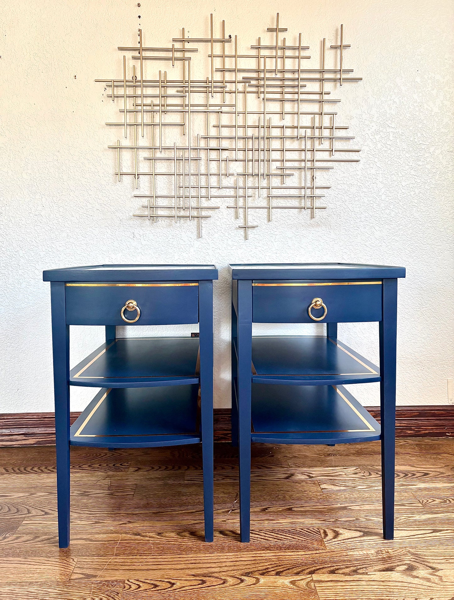 A pair of Vintage Modern Navy Blue Mersman End Tables/Bedside Tables/Nightstands/side tables
