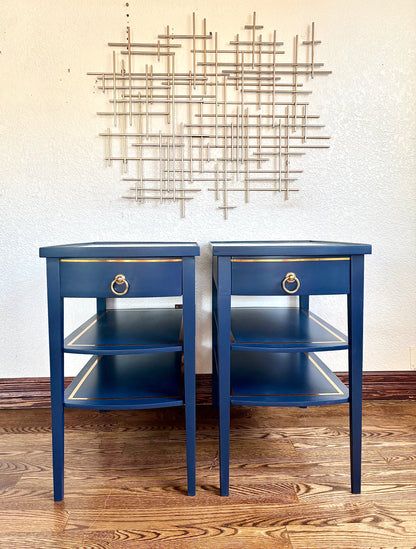 A pair of Vintage Modern Navy Blue Mersman End Tables/Bedside Tables/Nightstands/side tables