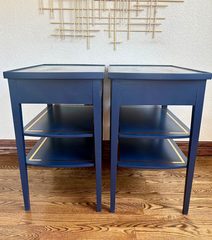 A pair of Vintage Modern Navy Blue Mersman End Tables/Bedside Tables/Nightstands/side tables