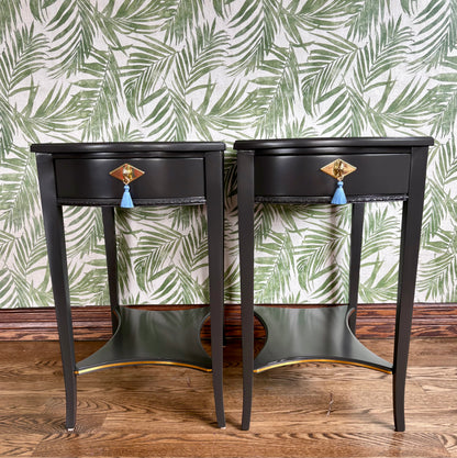 A Pair of Vintage Classic Satin Jet Black and Gold 2 Drawer End Stands/Night Stands/End Tables.