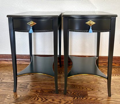A Pair of Vintage Classic Satin Jet Black and Gold 2 Drawer End Stands/Night Stands/End Tables.