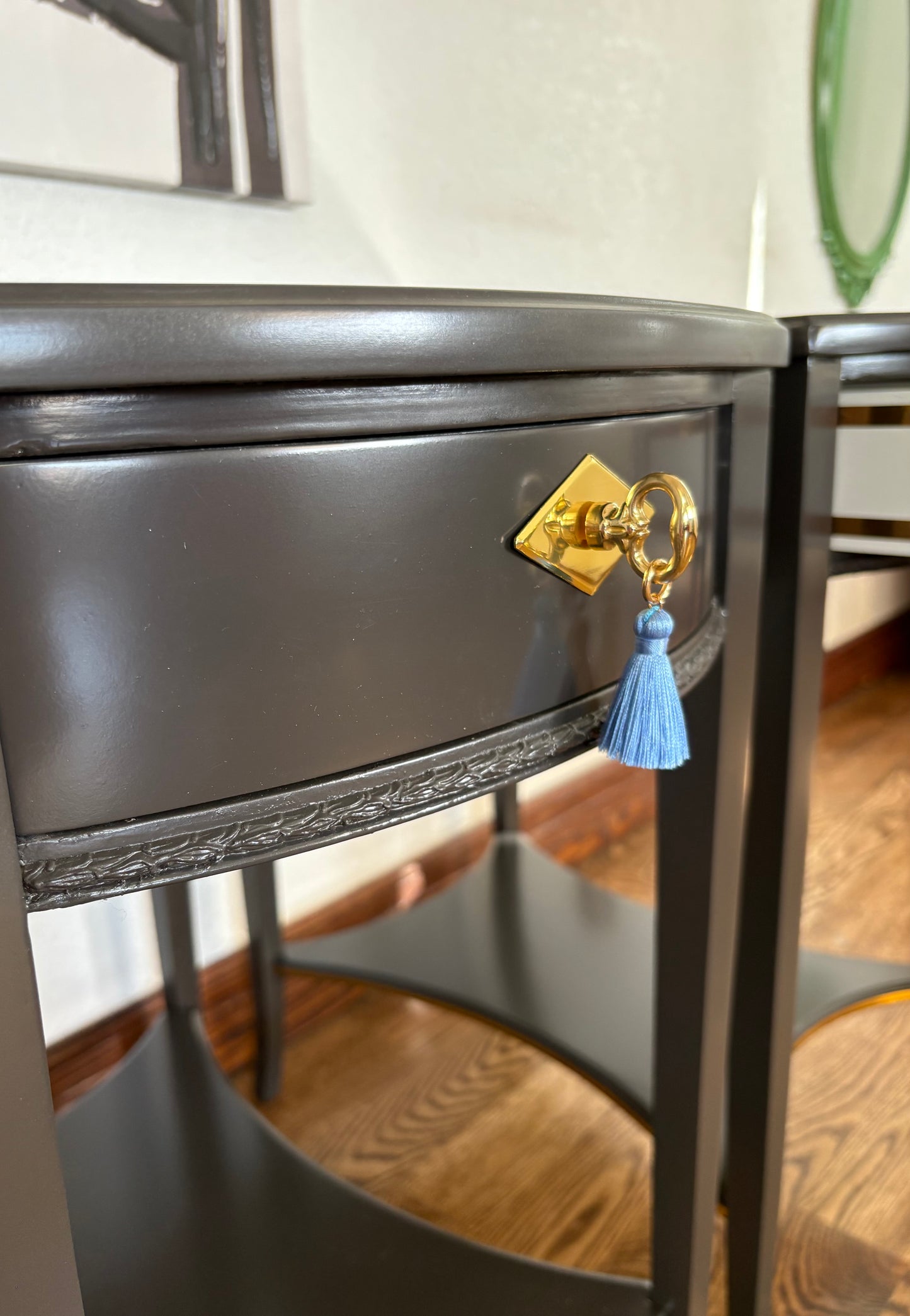 A Pair of Vintage Classic Satin Jet Black and Gold 2 Drawer End Stands/Night Stands/End Tables.