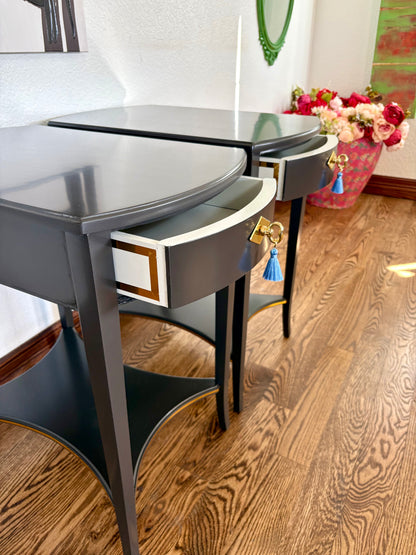 A Pair of Vintage Classic Satin Jet Black and Gold 2 Drawer End Stands/Night Stands/End Tables.