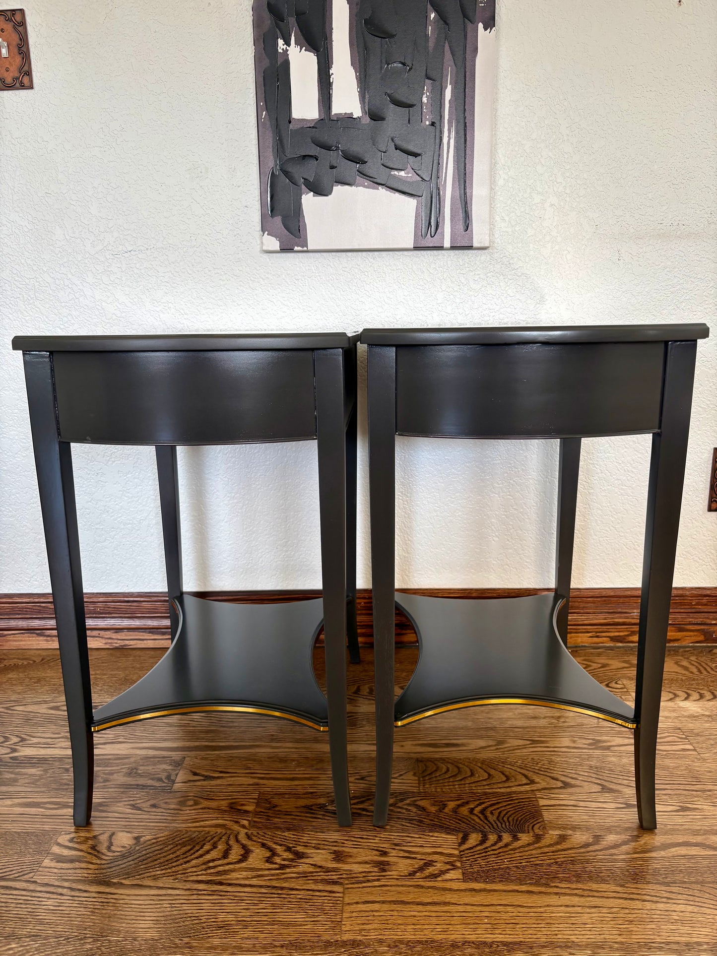 A Pair of Vintage Classic Satin Jet Black and Gold 2 Drawer End Stands/Night Stands/End Tables.