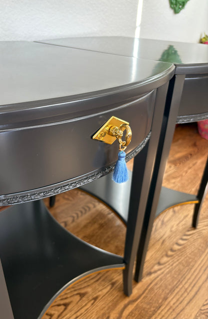 A Pair of Vintage Classic Satin Jet Black and Gold 2 Drawer End Stands/Night Stands/End Tables.