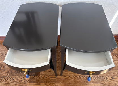 A Pair of Vintage Classic Satin Jet Black and Gold 2 Drawer End Stands/Night Stands/End Tables.