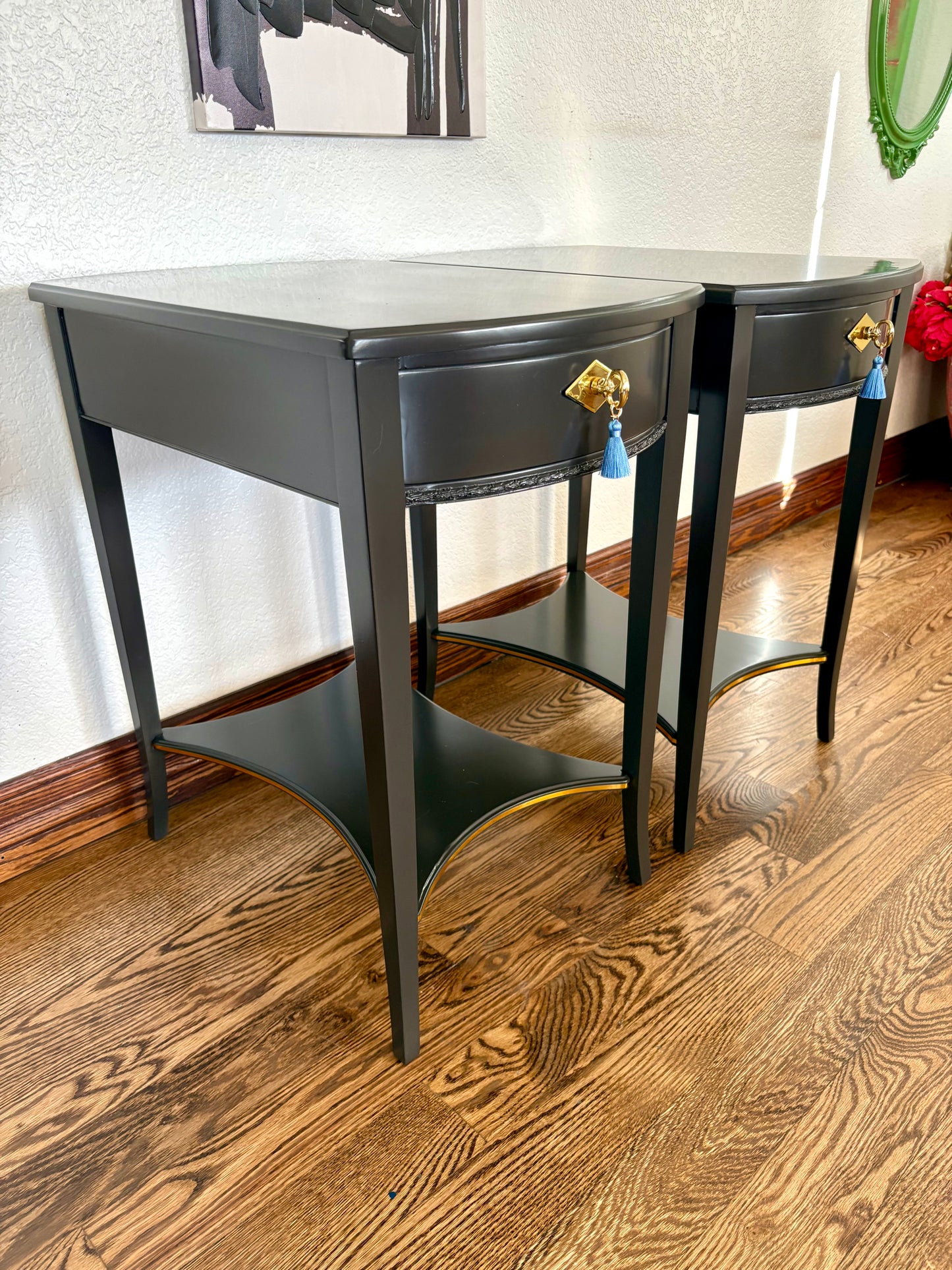 A Pair of Vintage Classic Satin Jet Black and Gold 2 Drawer End Stands/Night Stands/End Tables.