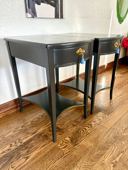 A Pair of Vintage Classic Satin Jet Black and Gold 2 Drawer End Stands/Night Stands/End Tables.
