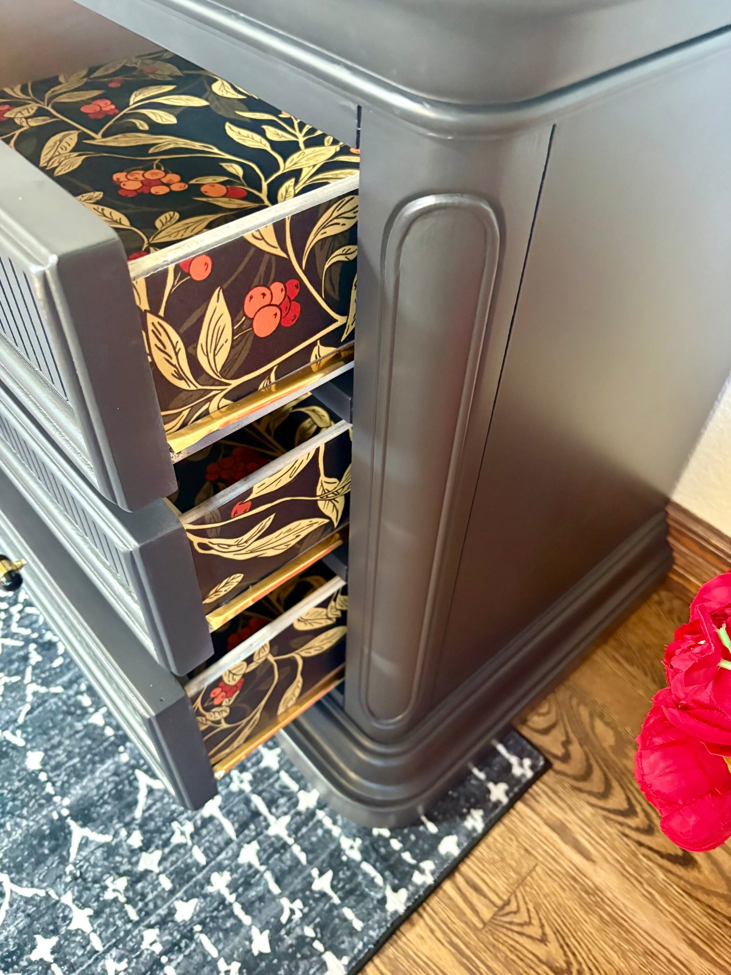 A set of Black satin 3 Drawer Modern End Tables/nightstands/bedside tables with storage