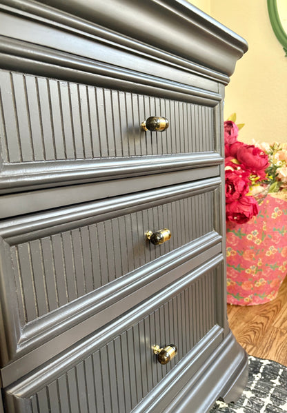 A set of Black satin 3 Drawer Modern End Tables/nightstands/bedside tables with storage