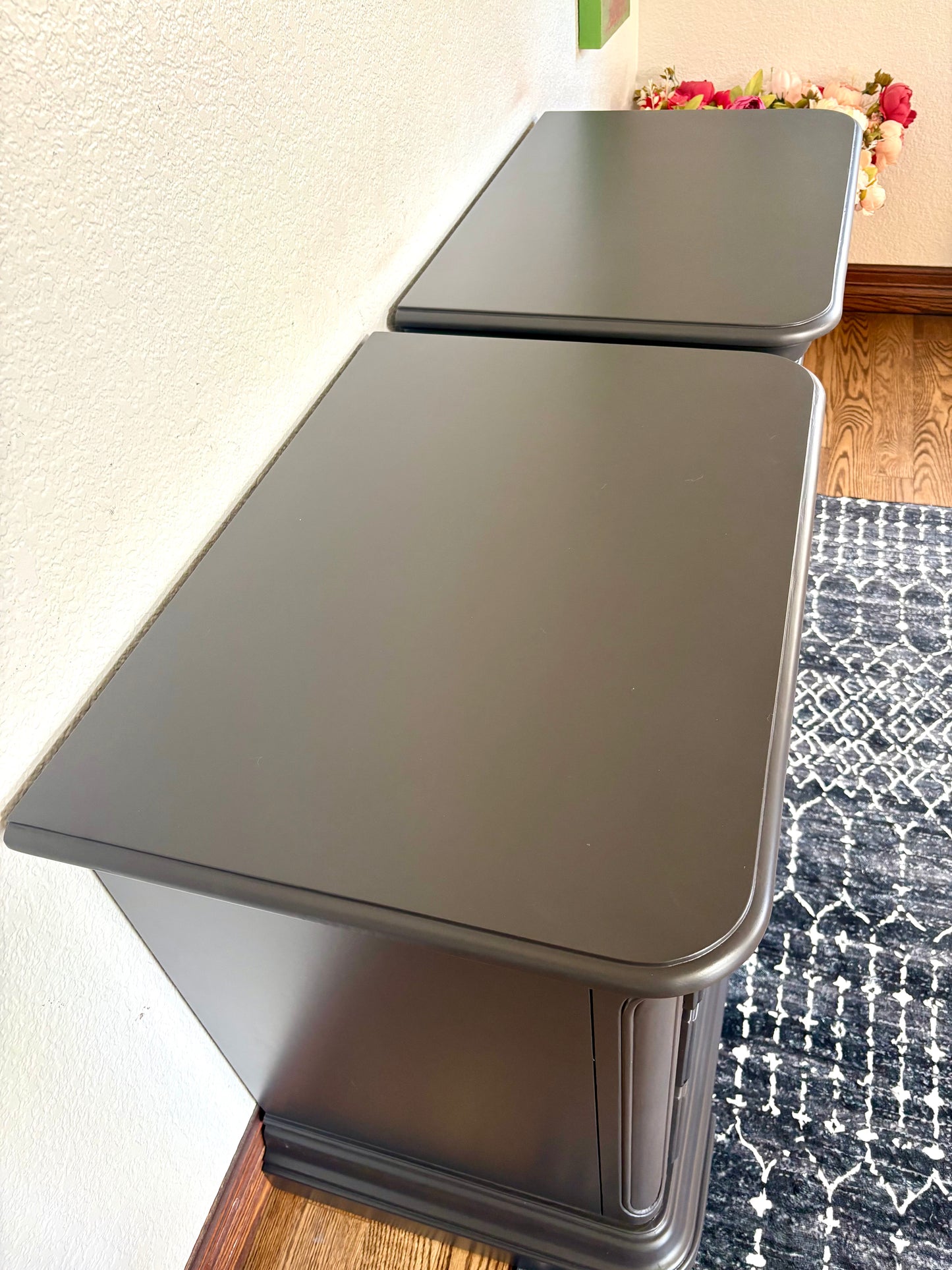 A set of Black satin 3 Drawer Modern End Tables/nightstands/bedside tables with storage