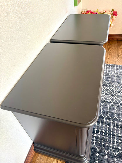 A set of Black satin 3 Drawer Modern End Tables/nightstands/bedside tables with storage