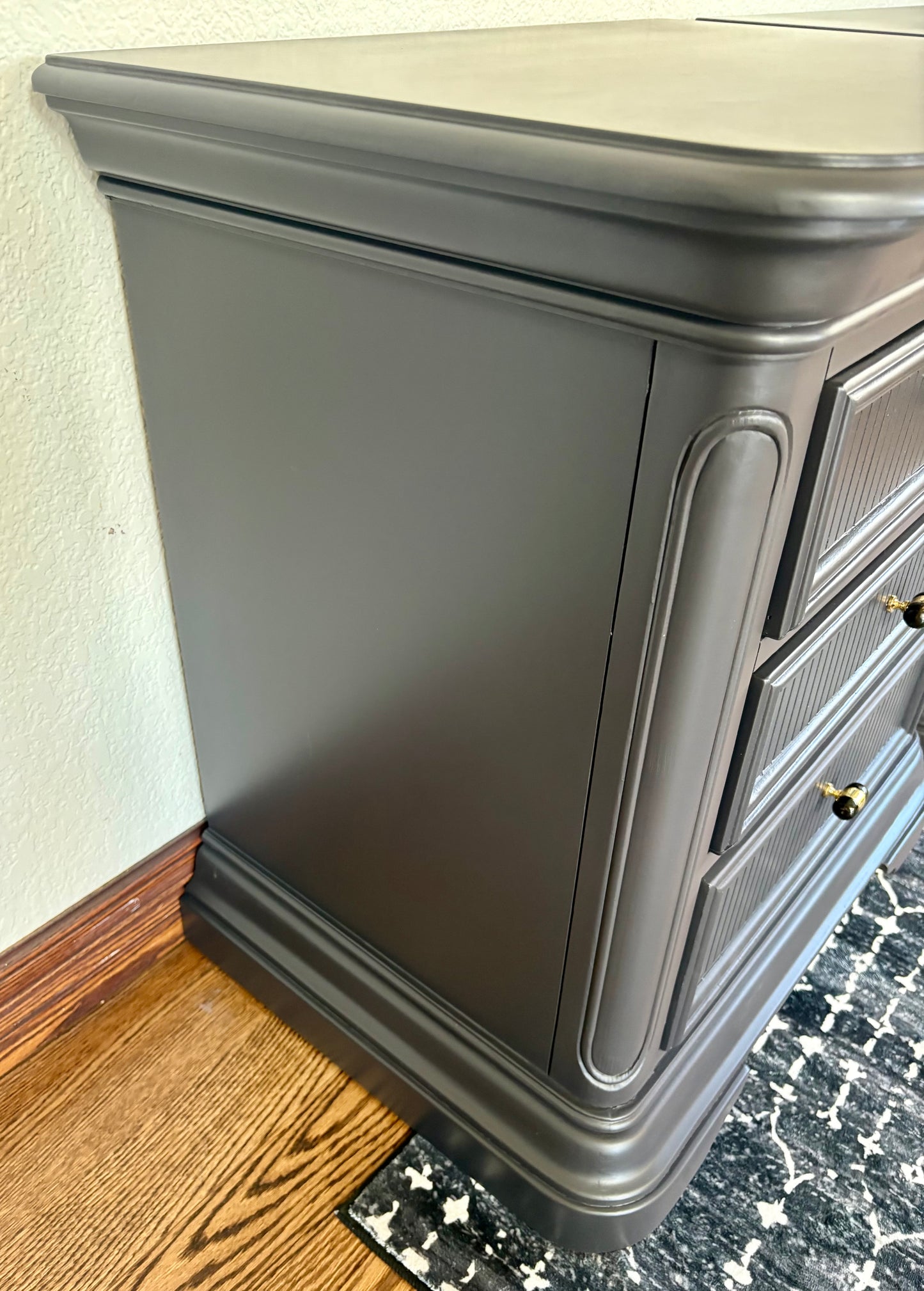A set of Black satin 3 Drawer Modern End Tables/nightstands/bedside tables with storage