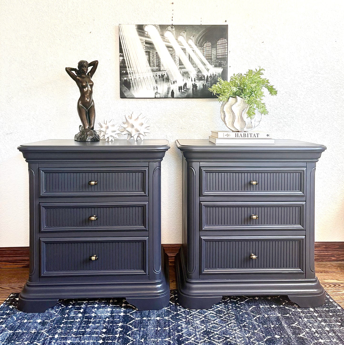A set of Black satin 3 Drawer Modern End Tables/nightstands/bedside tables with storage