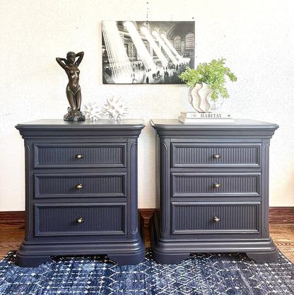 A set of Black satin 3 Drawer Modern End Tables/nightstands/bedside tables with storage