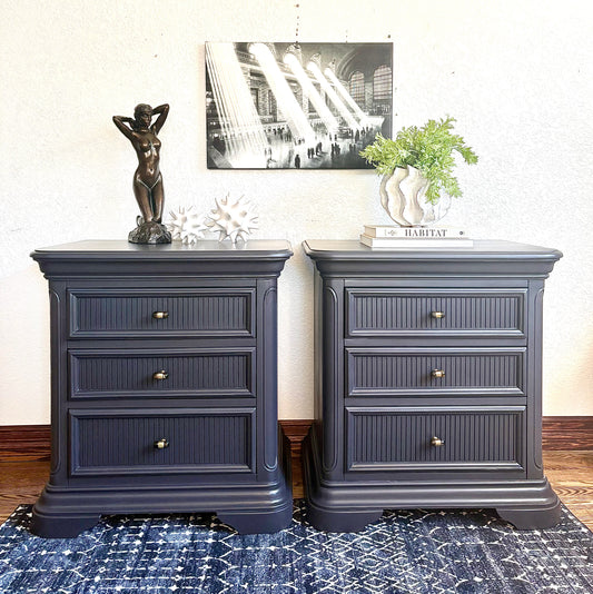 A set of Black satin 3 Drawer Modern End Tables/nightstands/bedside tables with storage