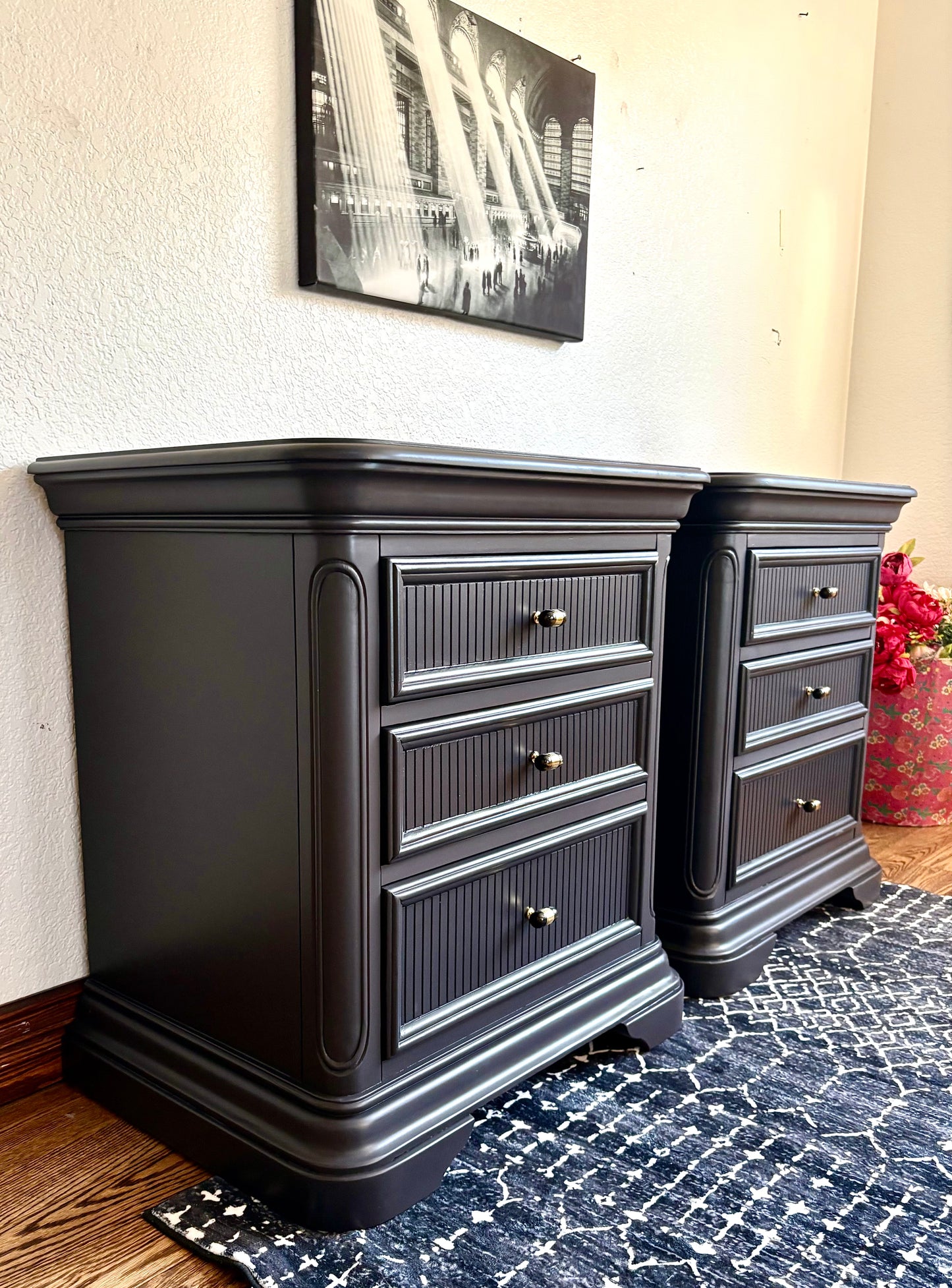 A set of Black satin 3 Drawer Modern End Tables/nightstands/bedside tables with storage